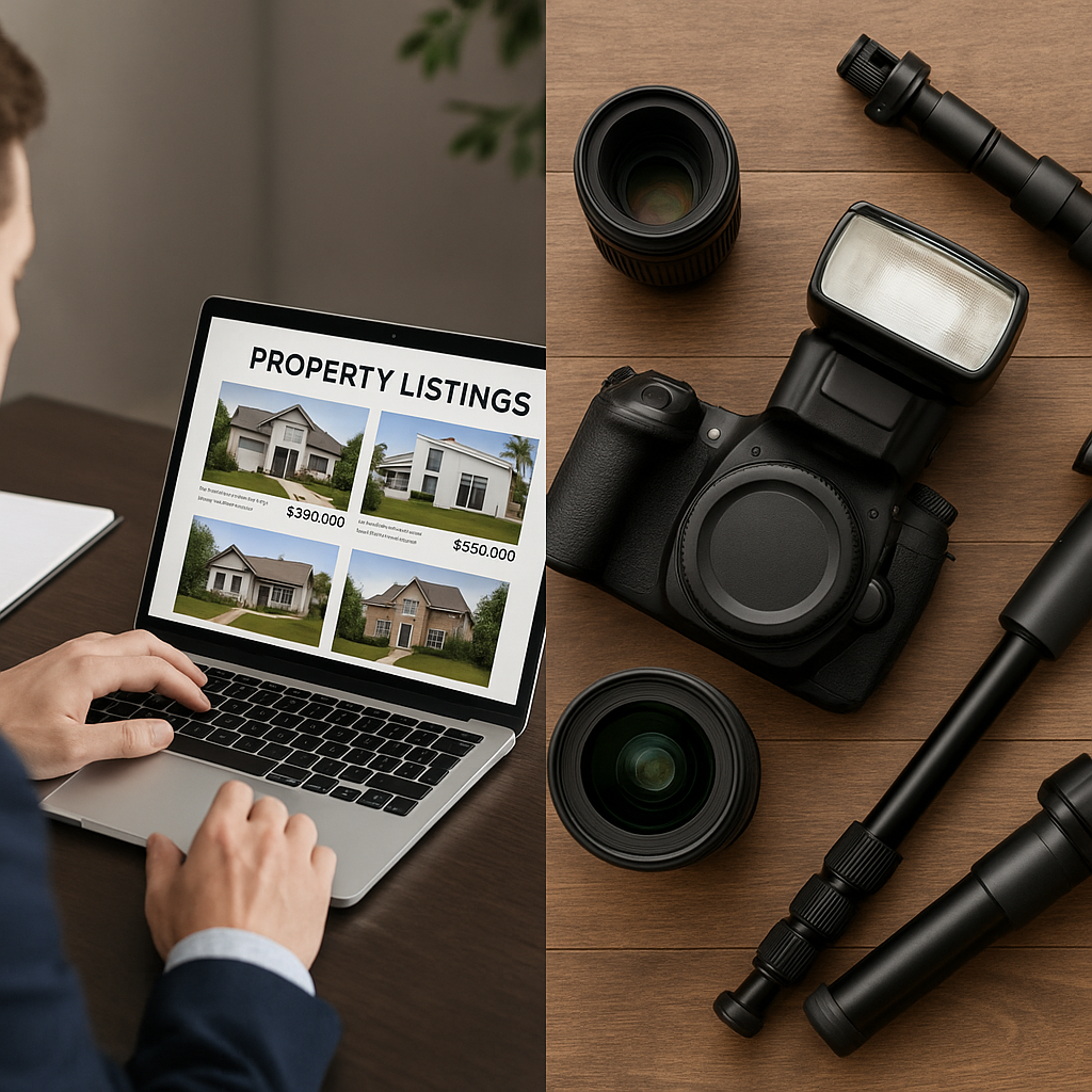 A split-screen composition showing a real estate a